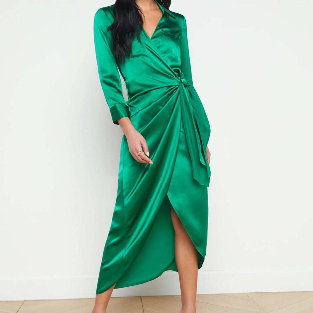 L'Agence Women's Green Kadi Long Wrap Silk dress